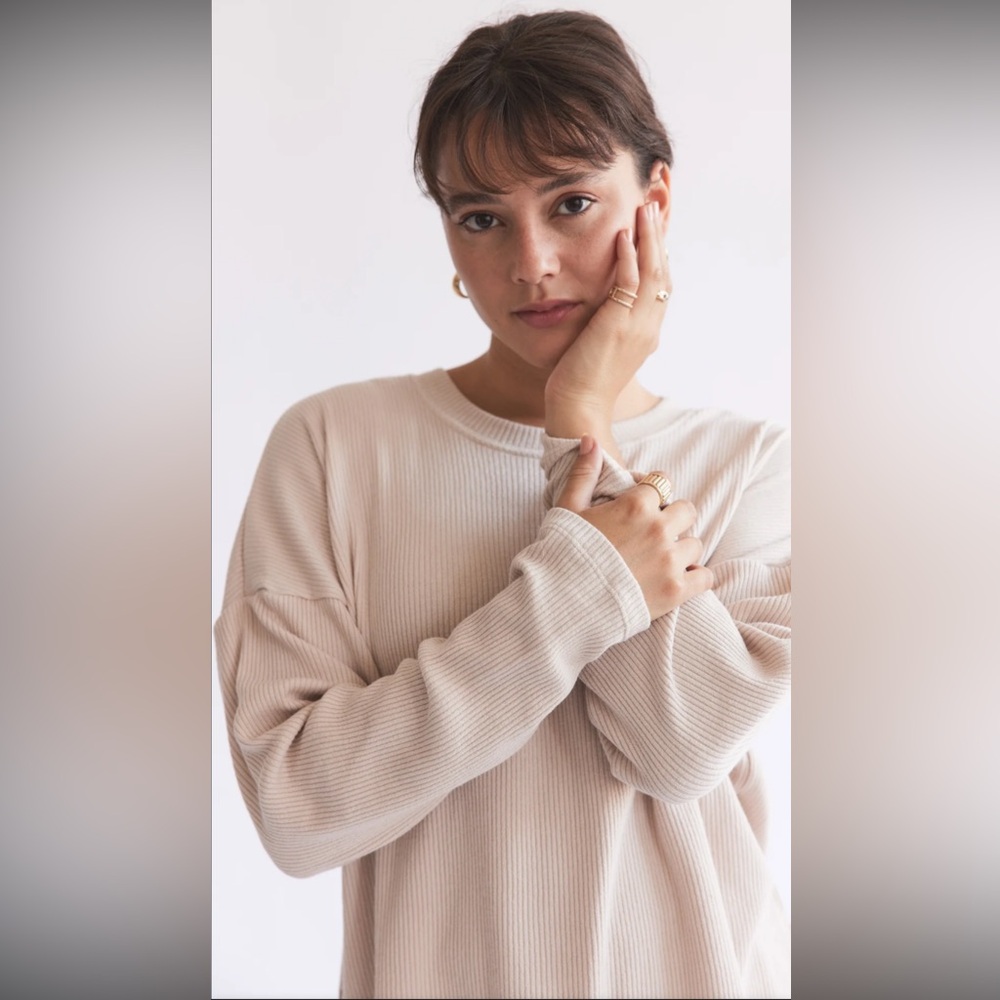 Solika Drop Shoulder Cream Long Sleeve Ribbed Top. Oversized